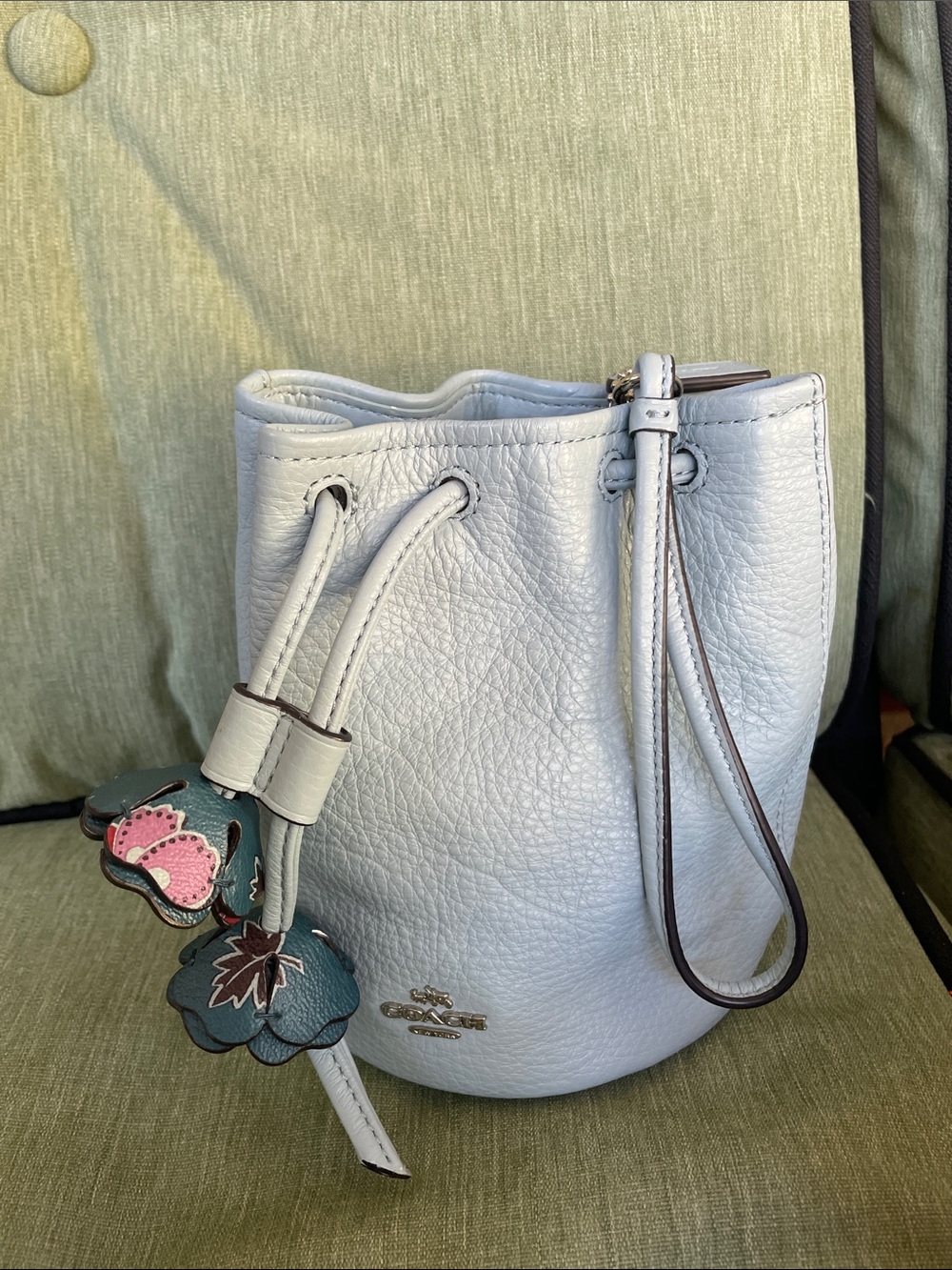 Coach Pebbled Leather Drawstring Bucket Bag in Pale Blue with Floral Charm- Rare